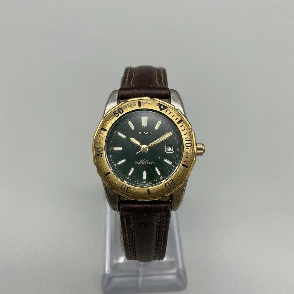 Vintage Pulsar Womens Watch 28mm Green Dial Brown Leather Diver Date New Battery